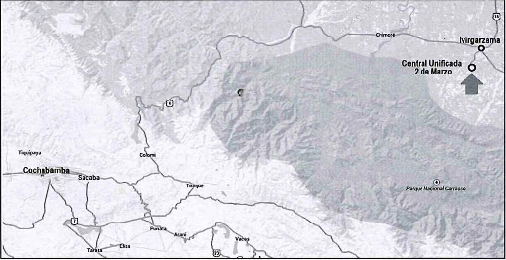 Central Unificada (upper right corner of map) is about a 4-hour drive from Cochabamba (bottom left corner).