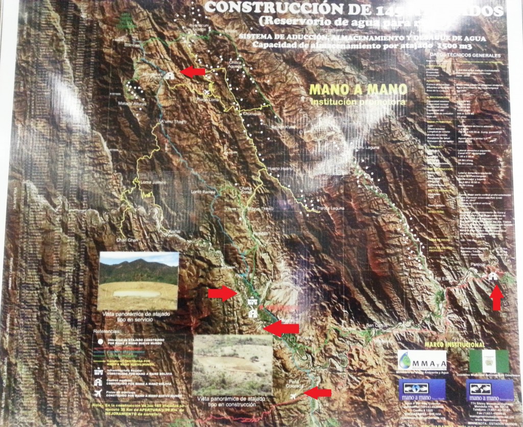 On this map of the Omereque area, each dot is one of the small water ponds, and other Mano a Mano projects are highlighted with the red arrows.