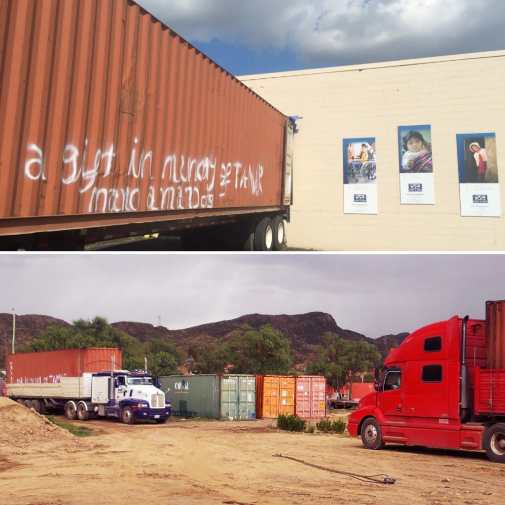 Top: One of 5 containers at Mano a Mano in St. Paul, MN in August 2017; Bottom: all 5 containers arriving at Mano a Mano in Cochabamba, Bolivia in early 2018. “A gift in memory of Tamar” was tagged on each container (it’s partially visible on the red container on the far left arriving in Bolivia).